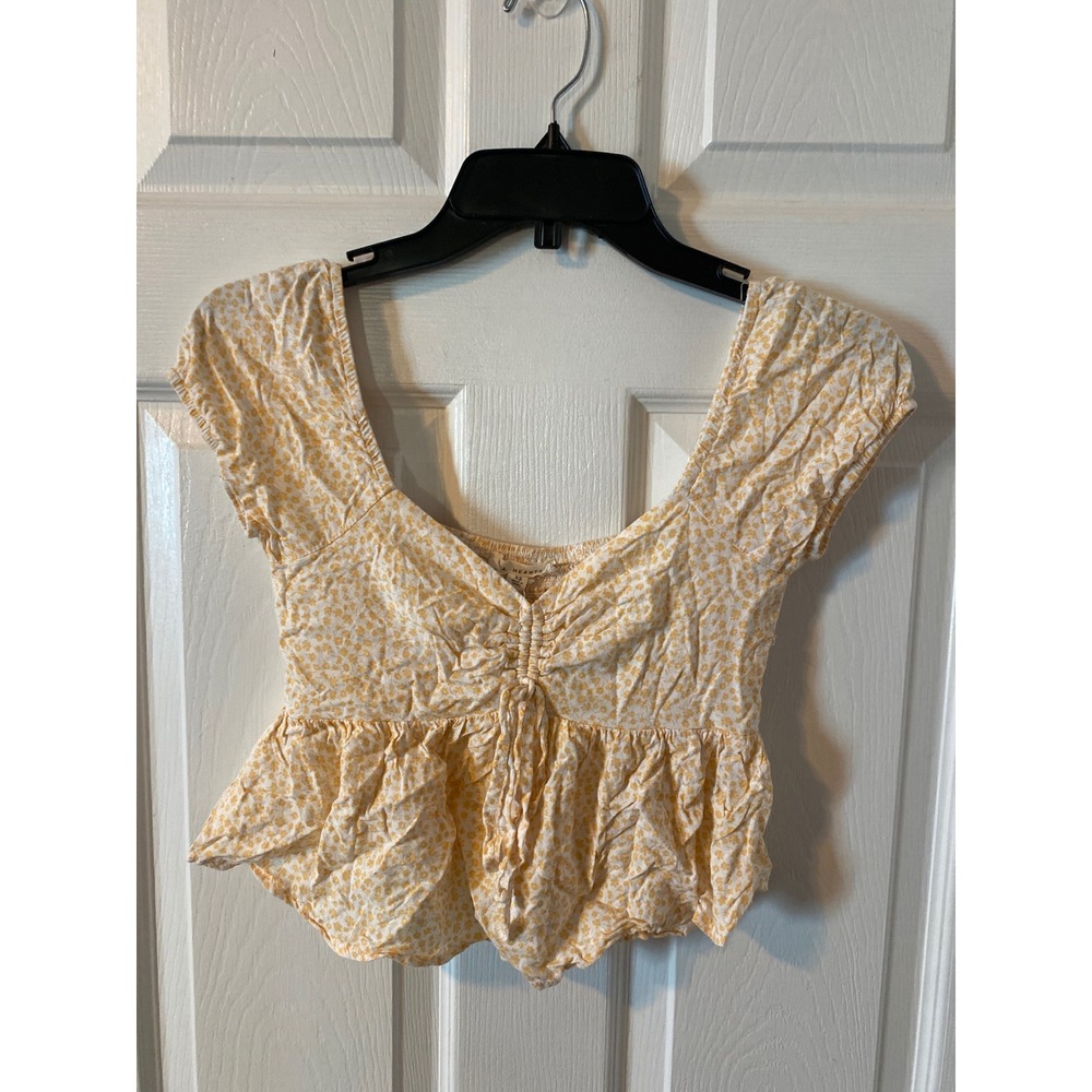L.A. Hearts Yellow Floral Ditsy‎ Peplum Crop Top Smocked Back XS Sweetheart Neck